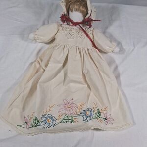 VTG Handmade Pillowcase Cloth Doll Bonnet & Embroidered Floral Dress Folk Art